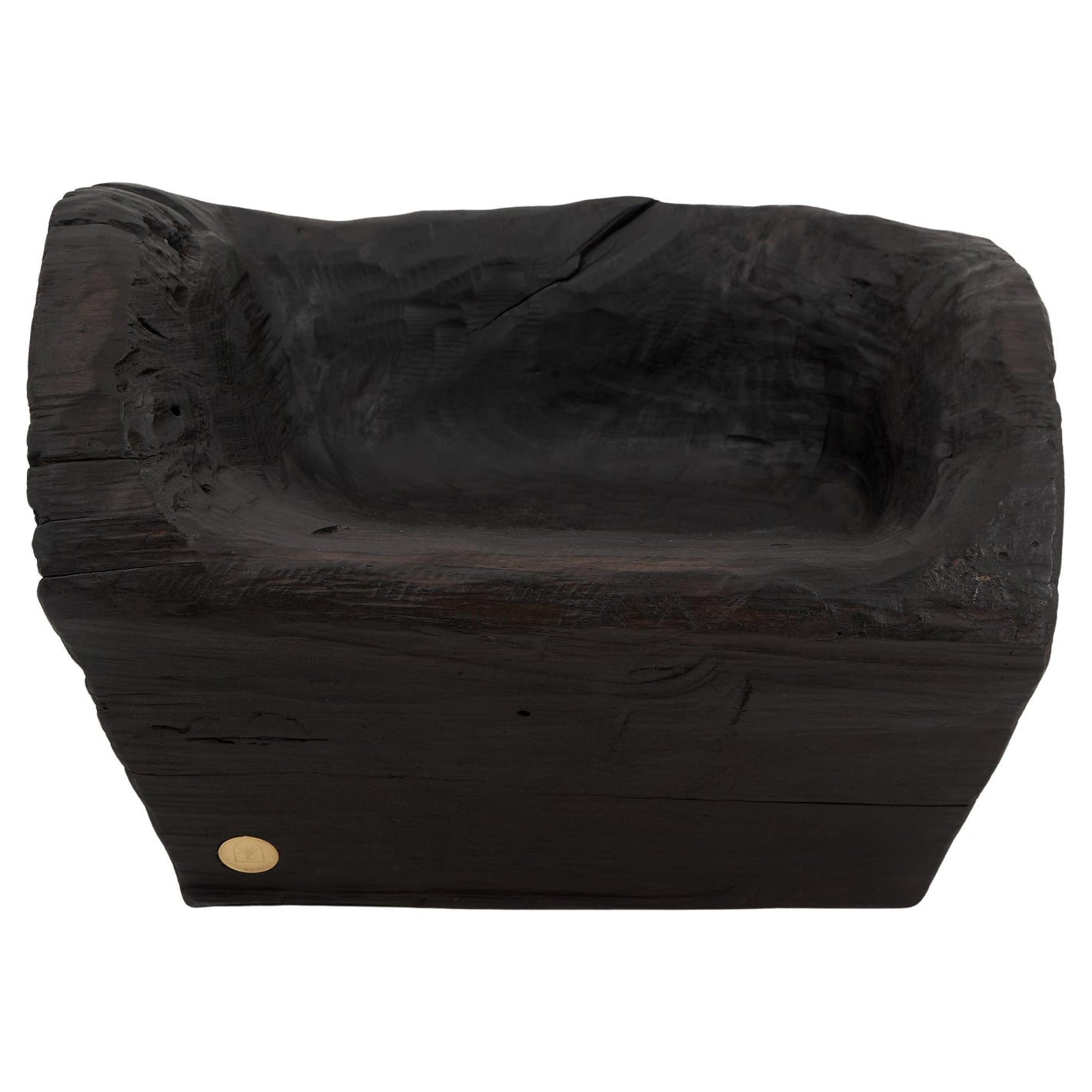 Rustic Sculptural Stool, Burnt Black Carved Wood.