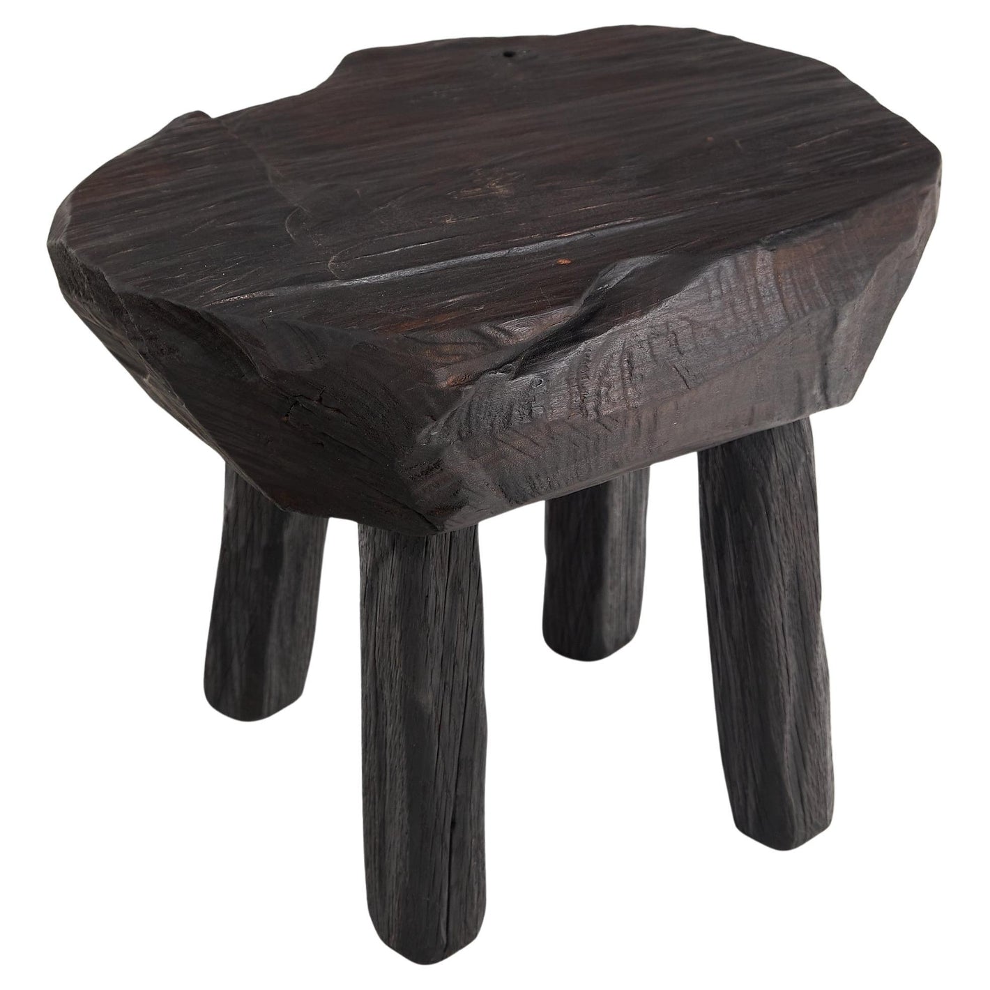 Rustic Sculptural Side Table, Stool, Burnt Black Wood.