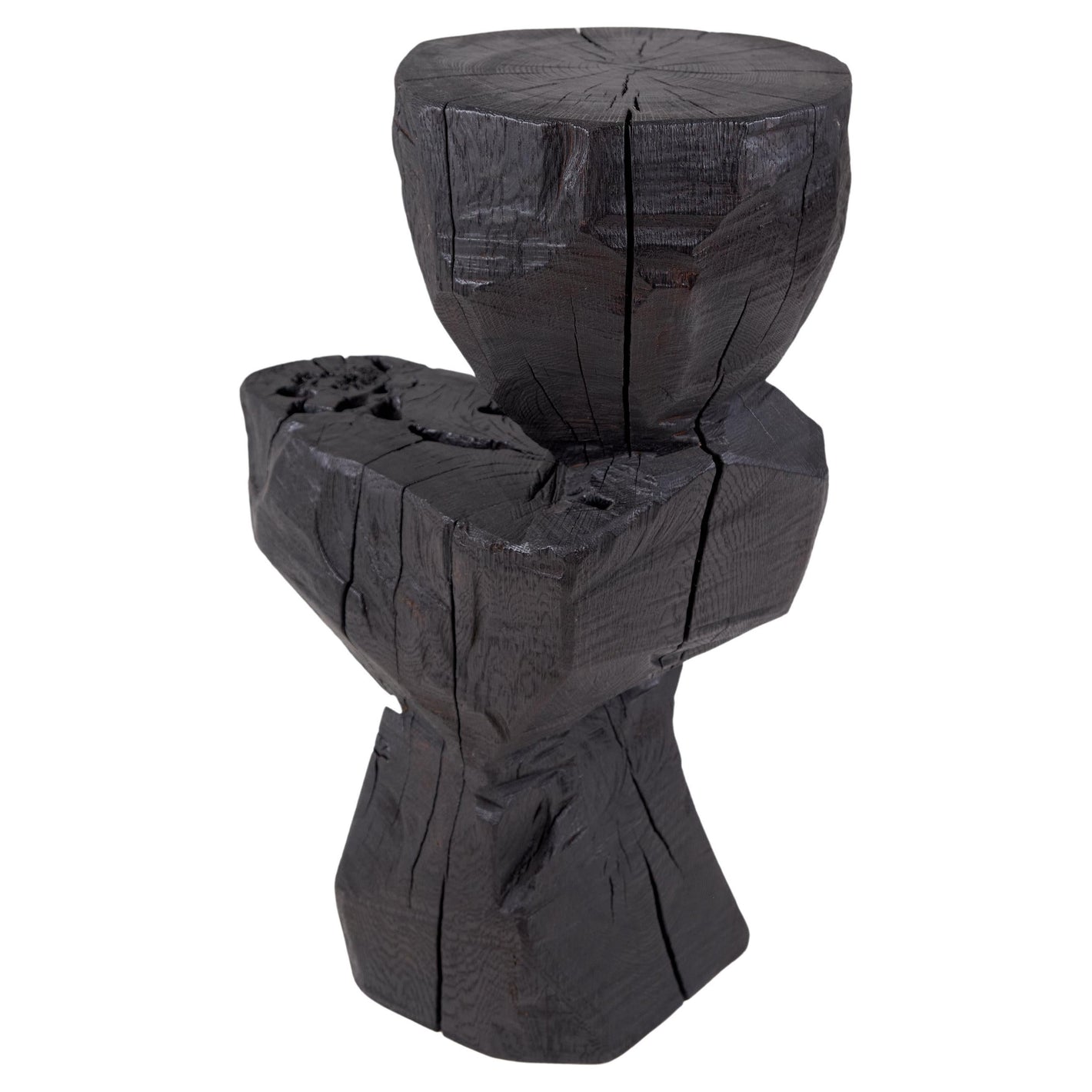 Solid Burnt Black Wood, Rustic Sculptural Side Table/Pedestal