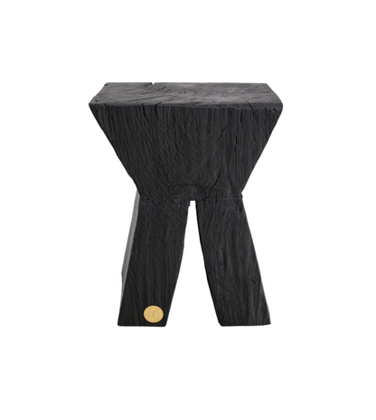 Rustic Sculptural Side Table, Stool, Burnt Black Oak Wood.