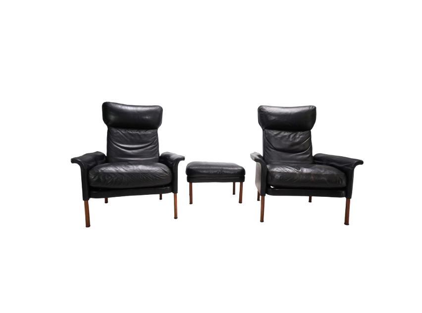 Hans Olsen set of 2 leather chairs with ottoman, 1960