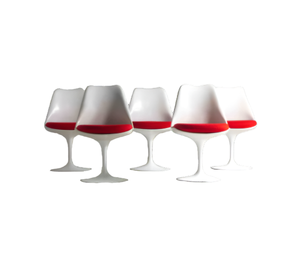 Set of 5 tulip chairs with red Kvadrat pillows, Knoll International 1970