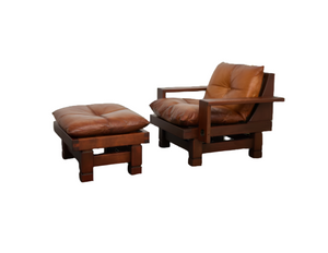 Mid-Century, Pine and Cognac Leather Lounge Chair & Ottoman, France, 1950s, Set of 2