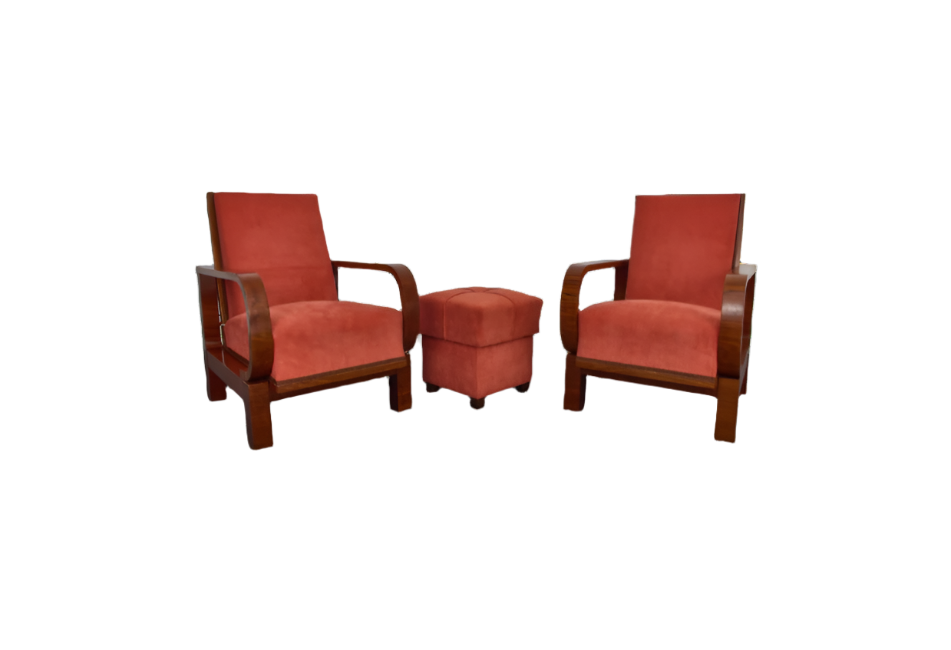 Art Deco Black Walnut and Veneered Armchairs & Ottoman, 1930s